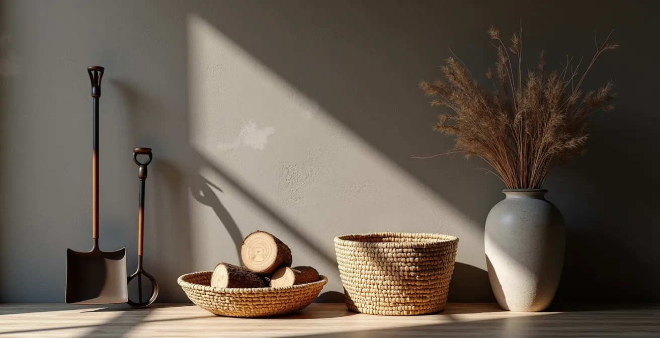 Composition harmonieuse d'accessoires de poêle suivant la règle des trois avec serviteur, panier et décoration murale