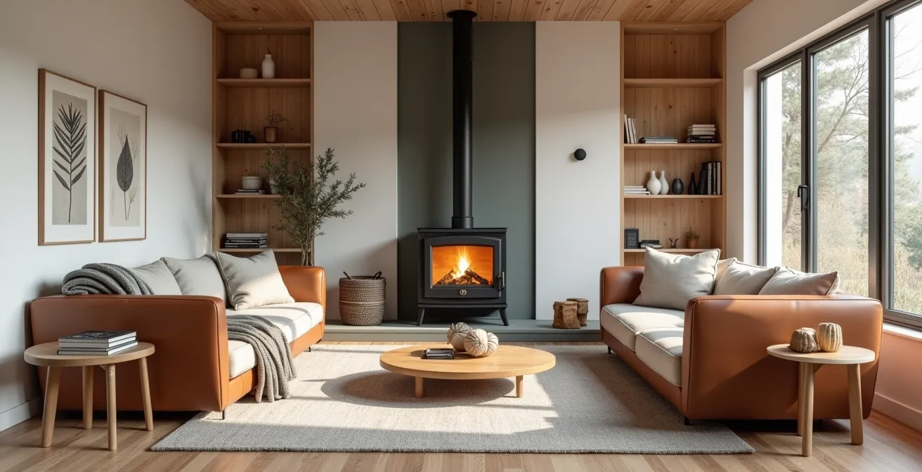 Espace aménagé autour d'un poêle à bois avec fauteuils et matériaux naturels créant une ambiance chaleureuse