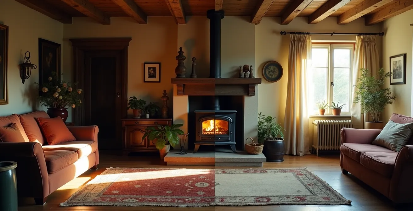 Comparaison avant-après d'un salon transformé par l'installation d'un poêle à bois