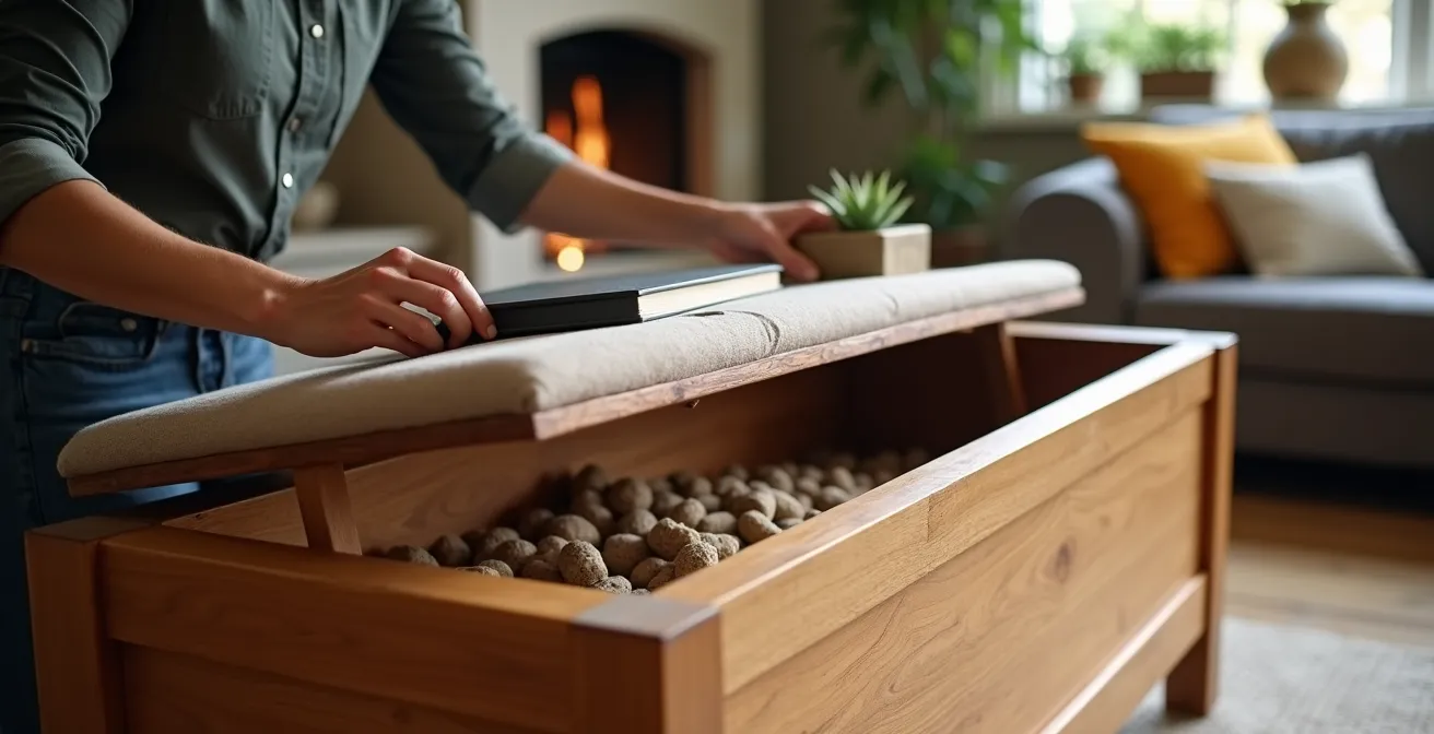 Banc en bois fait maison servant de rangement à granulés dans un salon cosy