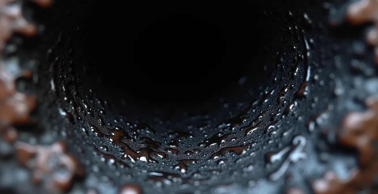 Vue macro détaillée du bistre accumulé sur les parois d'un conduit de cheminée