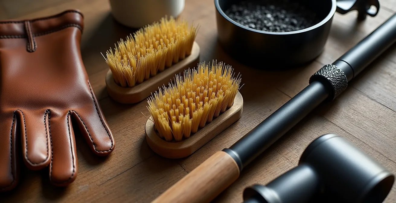 Gros plan sur des outils d'entretien élégants disposés sur une surface en bois naturel