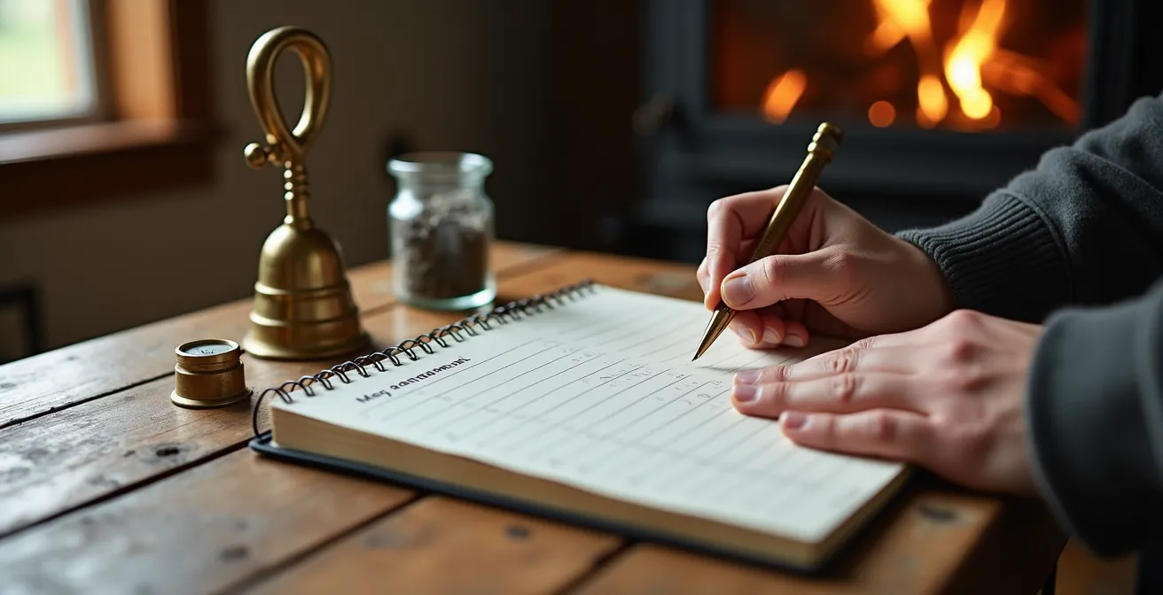 Carnet d'entretien ouvert avec annotations manuscrites sur une table en bois près d'outils d'entretien de cheminée