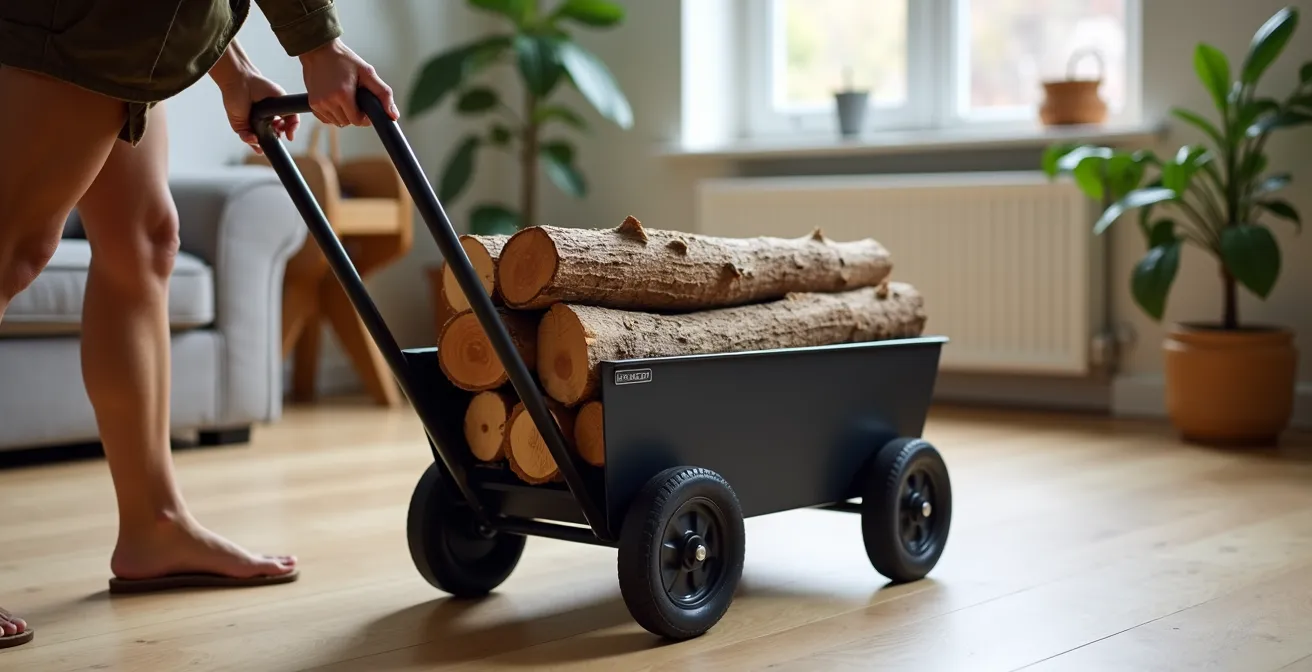 Chariot à bûches mobile en métal noir avec grandes roues en caoutchouc et compartiment de rangement pour accessoires