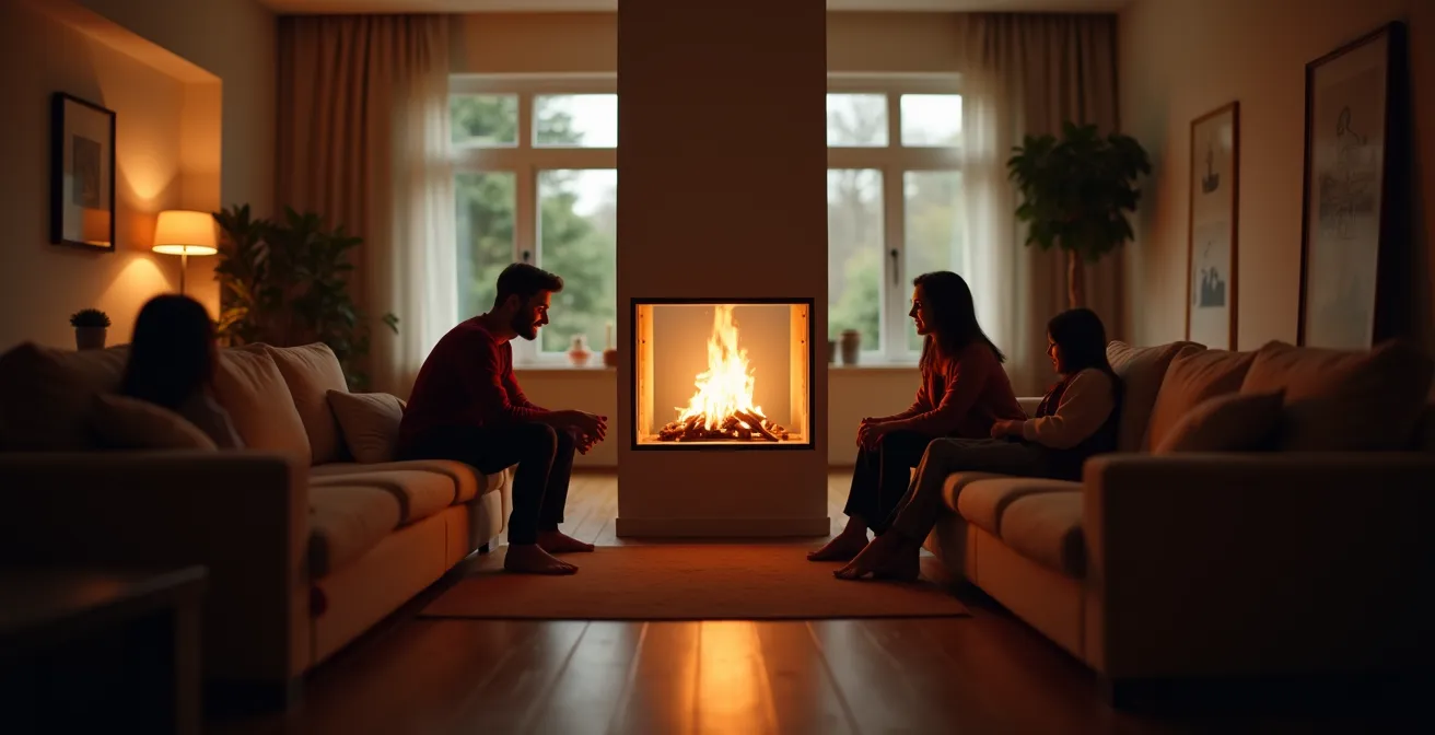 Cheminée double face moderne séparant salon et salle à manger