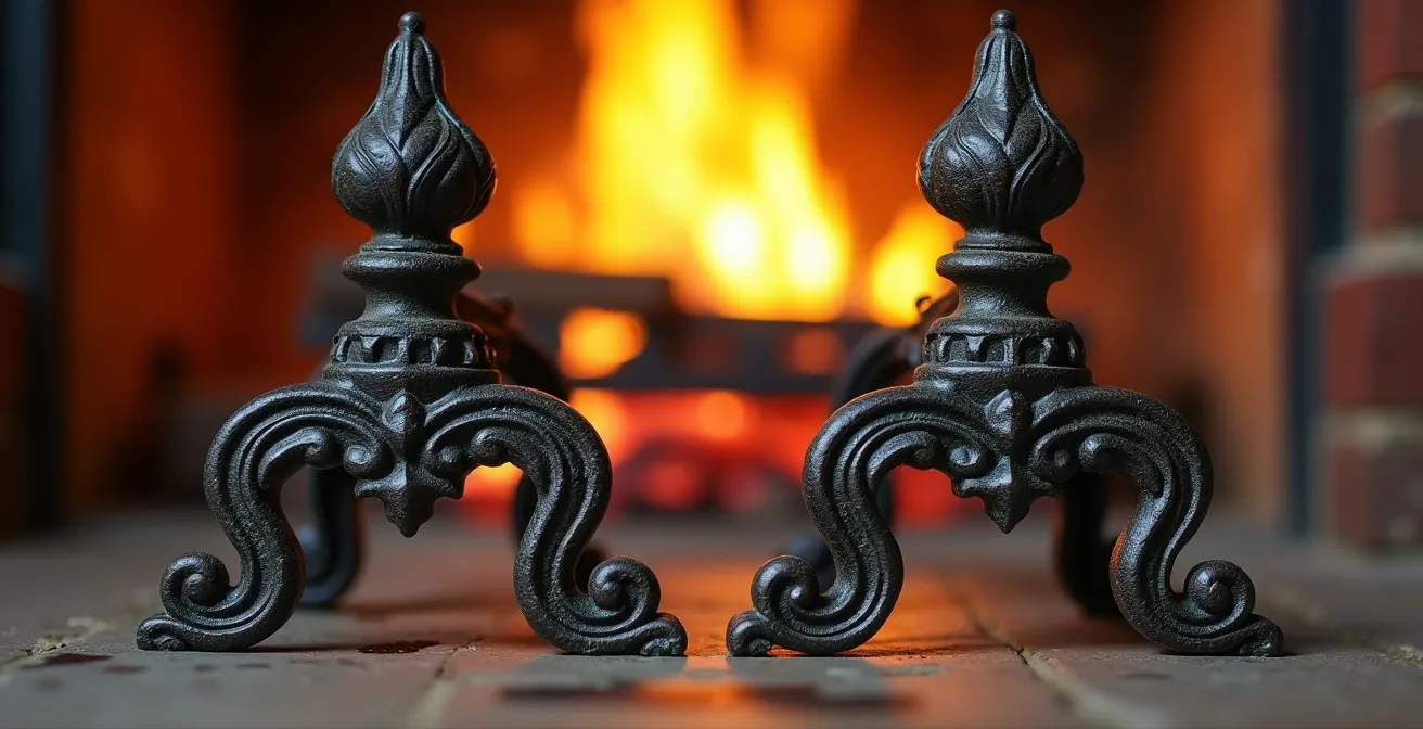 Paire de chenets traditionnels en fonte massive dans une cheminée ancienne, surélevant les bûches pour une meilleure combustion.