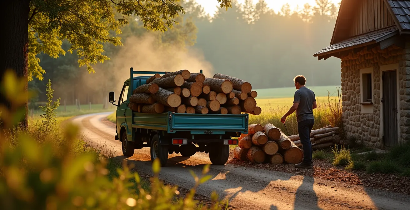 Producteur local transportant du bois de sa forêt vers un client proche