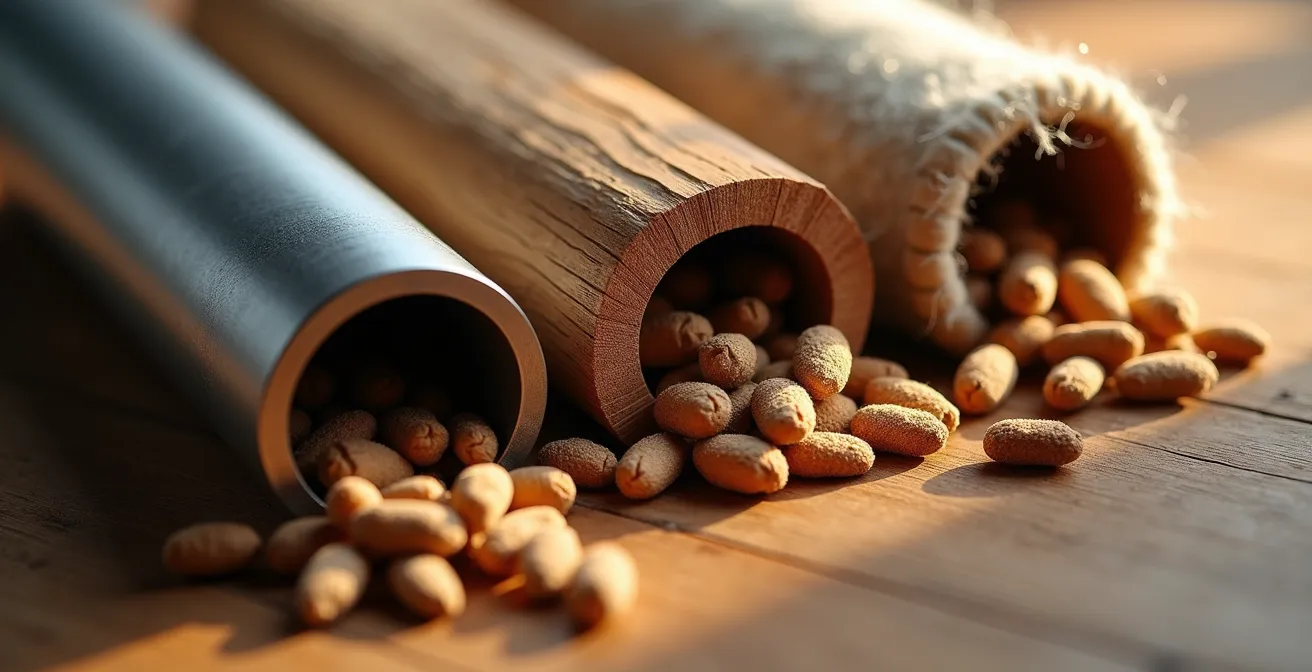 Gros plan sur trois types de rangements à granulés en métal, bois et tissu