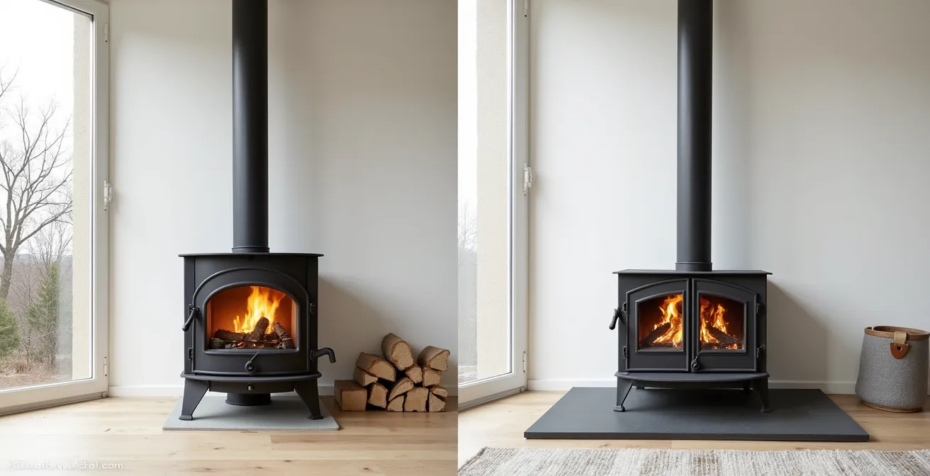 Deux poêles design scandinave et italien dans un intérieur contemporain