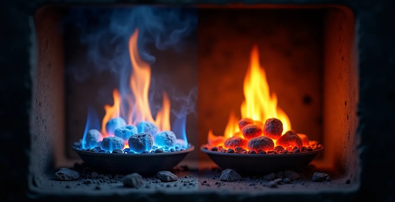 Comparaison côte à côte d'une combustion optimale et d'un feu couvé dans un poêle à bois