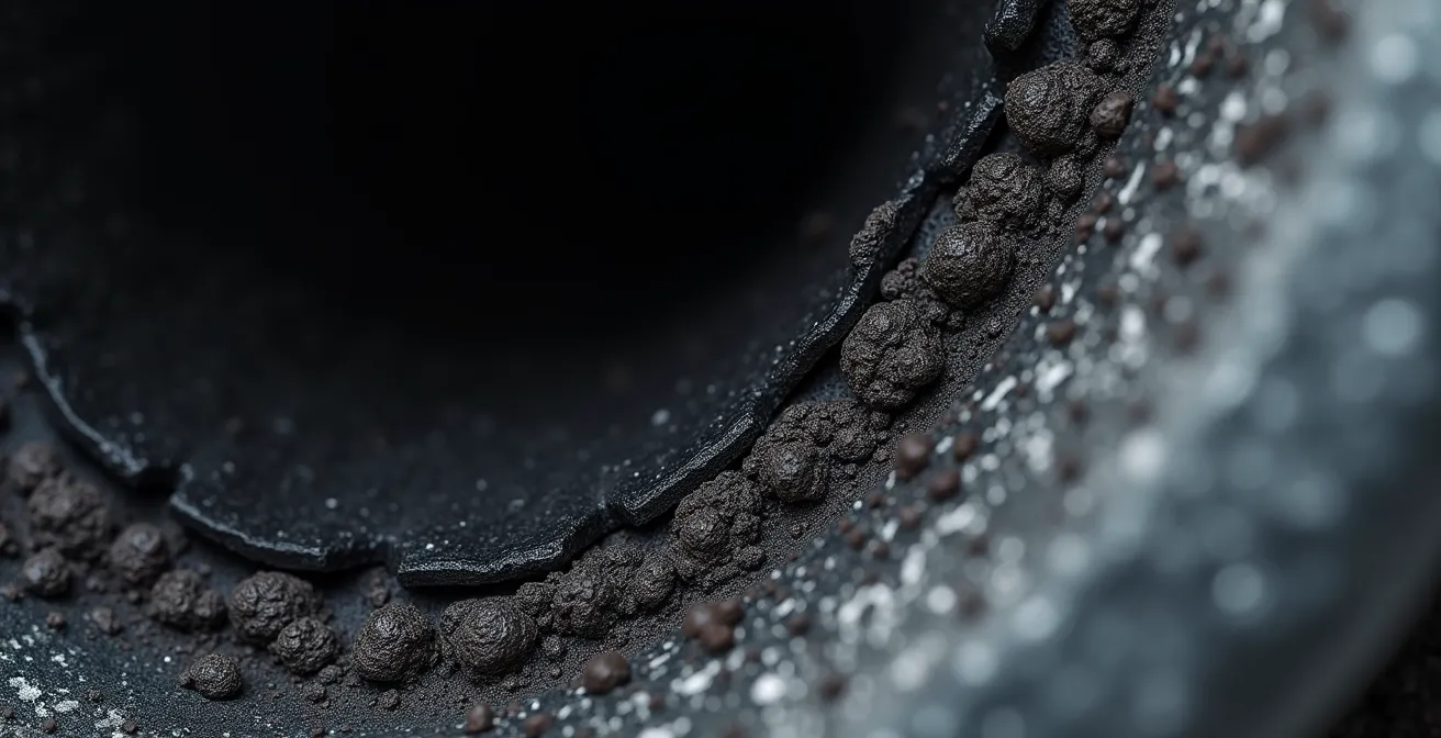 Vue en coupe d'un conduit de cheminée montrant l'accumulation de bistre sur les parois