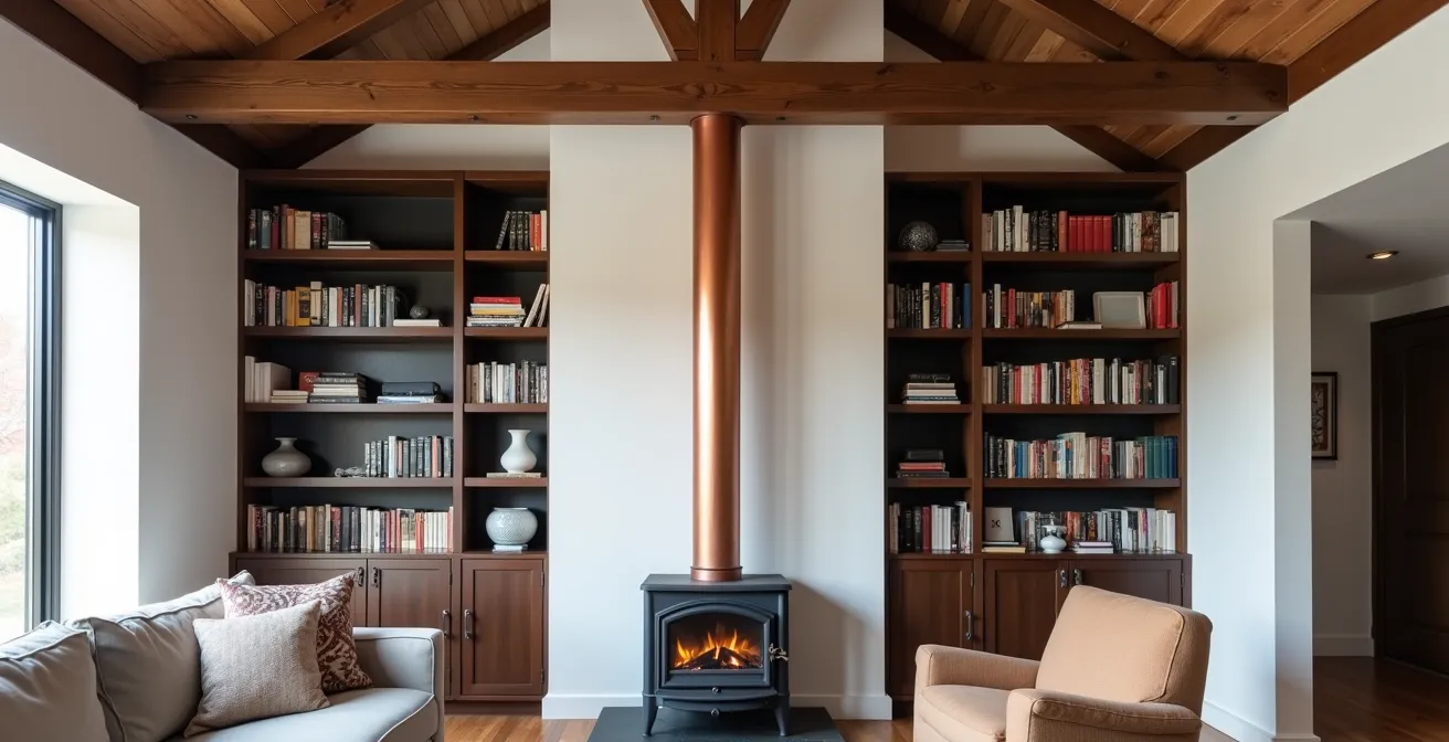 Conduit de cheminée en cuivre brossé traversant un espace à double hauteur avec bibliothèque intégrée