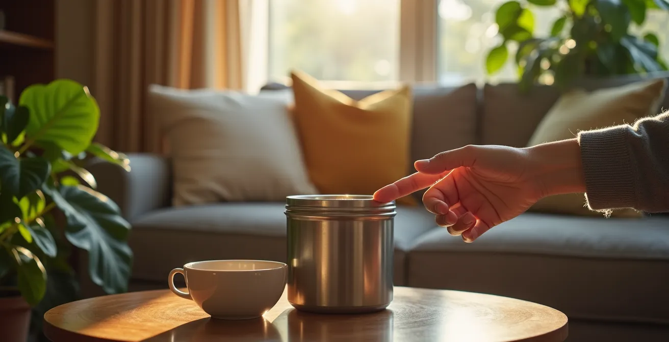 Cuve métallique intégrée dans un salon avec plantes et textiles