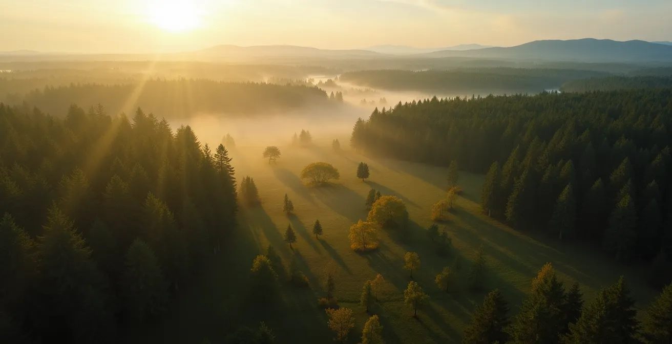Vue aérienne d'une forêt gérée durablement avec zones de coupe et repousse