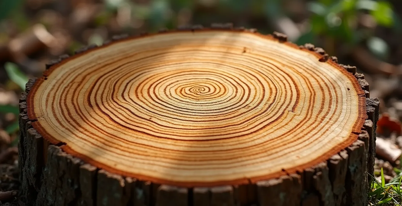 Vue macro de cernes de croissance d'un tronc d'arbre montrant l'accumulation annuelle de carbone