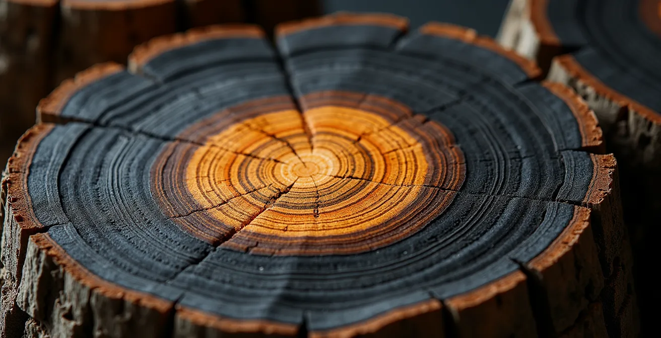 Représentation métaphorique du cycle du carbone avec strates géologiques et forêt vivante