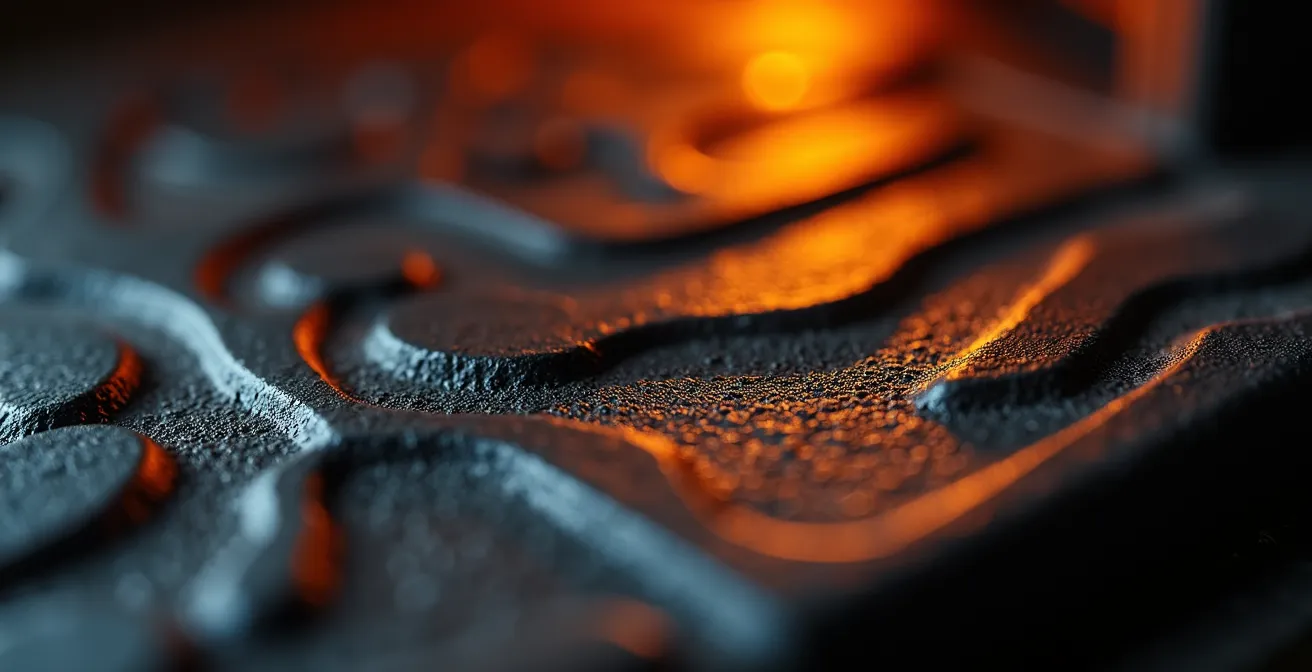 Détail macro de la texture en fonte d'un poêle à bois artisanal avec jeux de lumière