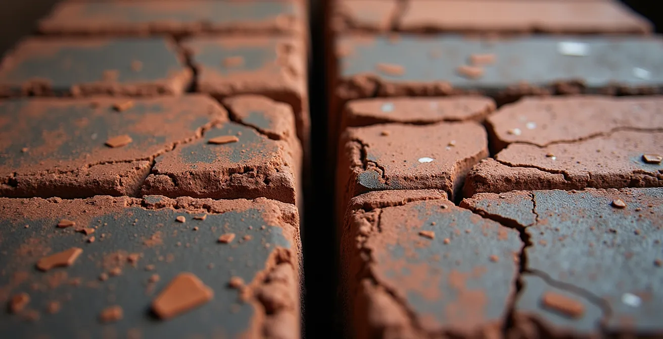 Vue détaillée d'une brique réfractaire avec différents types de fissures dans un foyer