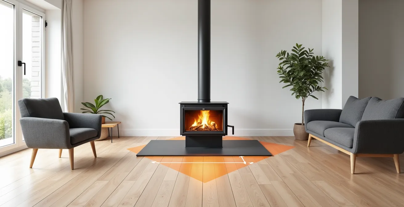 Vue aérienne d'un salon montrant les distances de sécurité autour d'un poêle à bois