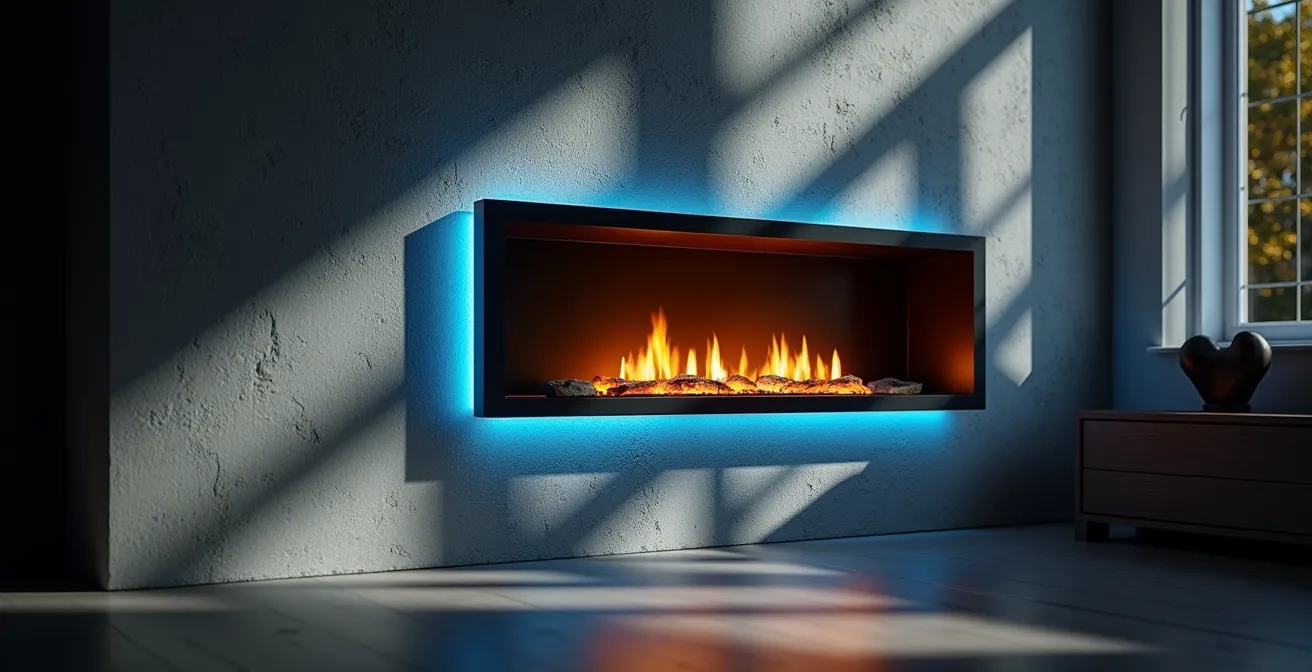 Cheminée moderne avec éclairage d'accentuation créant des jeux d'ombres