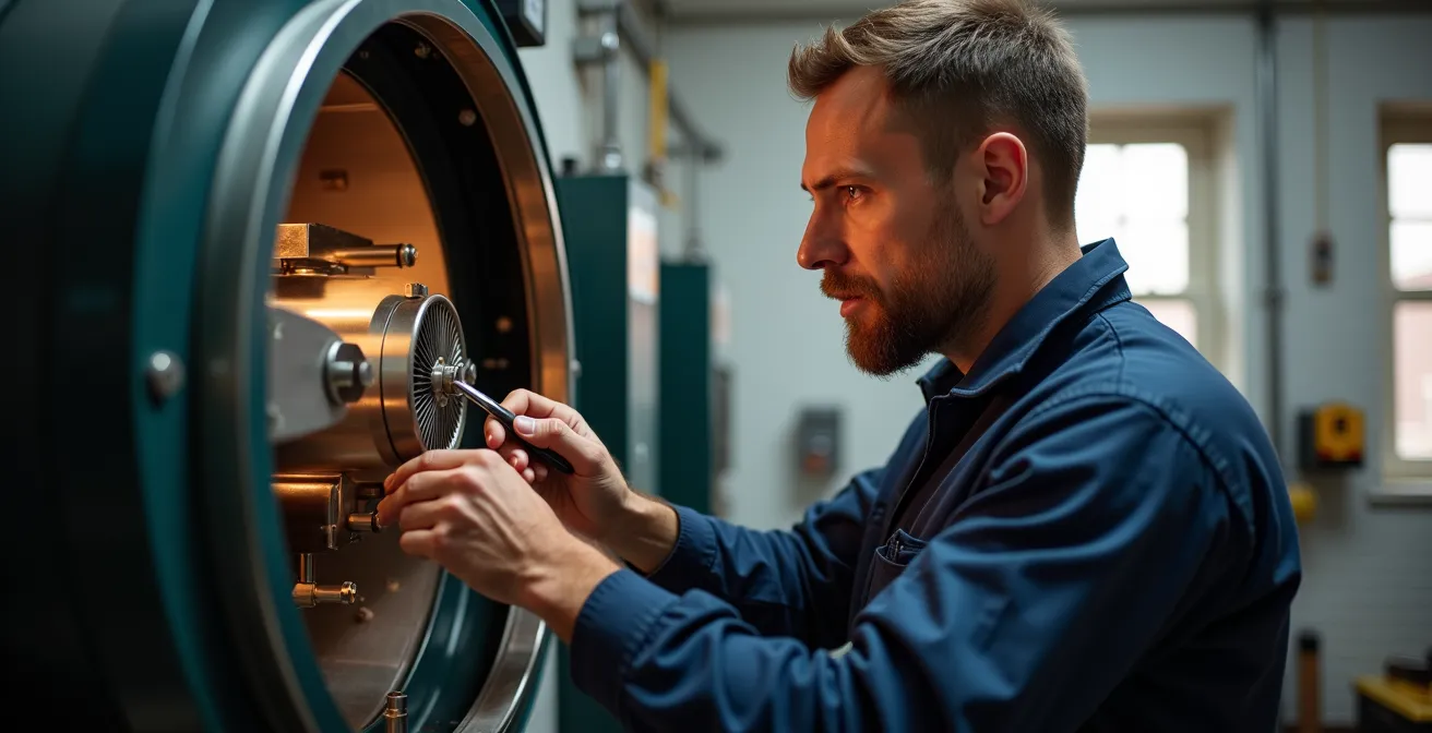 Technicien professionnel effectuant l'entretien annuel d'une chaudière biomasse