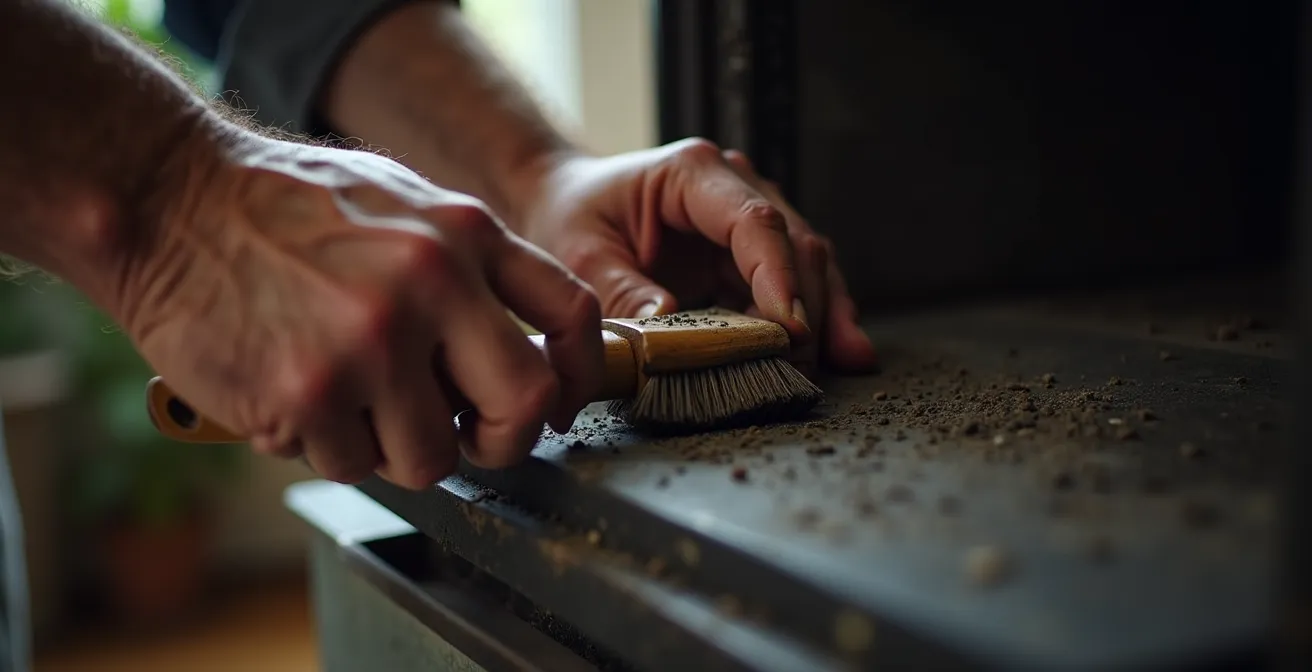 Mains d'un professionnel nettoyant le déflecteur d'un poêle à bois avec outils spécialisés