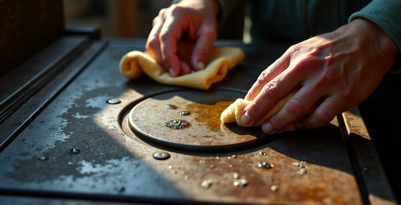 Mains expertes appliquant de l'huile protectrice sur la surface patinée d'un poêle en fonte