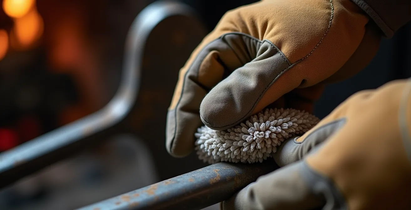 Gros plan sur l'entretien d'un serviteur de cheminée avec des produits naturels et un chiffon