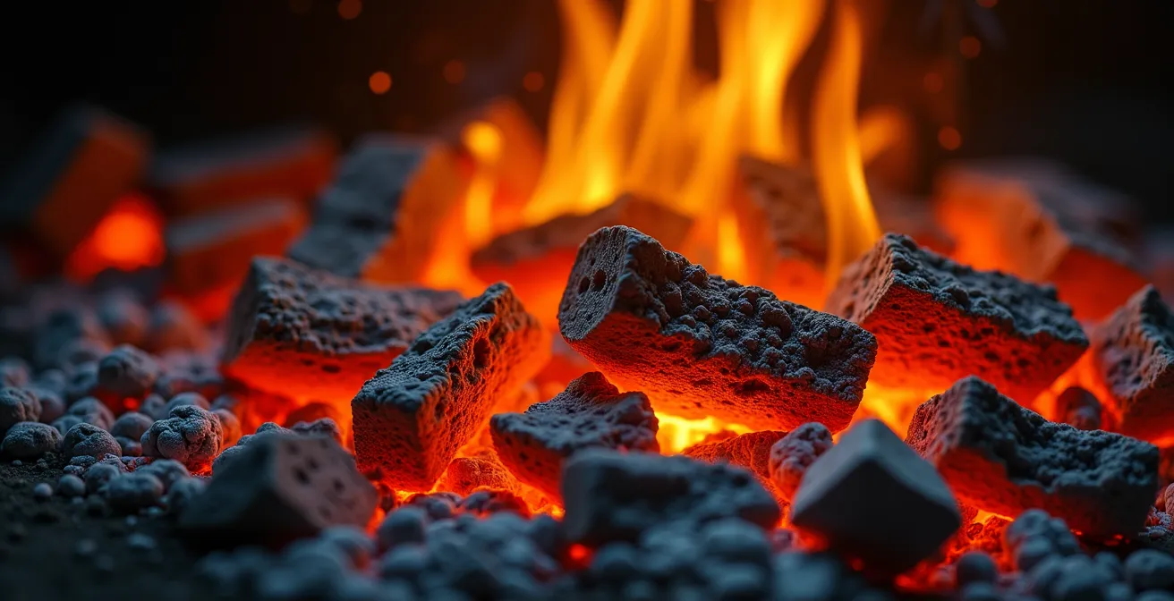 Vue macro des flammes dansantes et des braises incandescentes d'un feu de bois