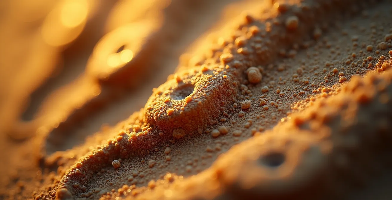 Gros plan sur un moule en sable pour fonte avec texture granuleuse visible