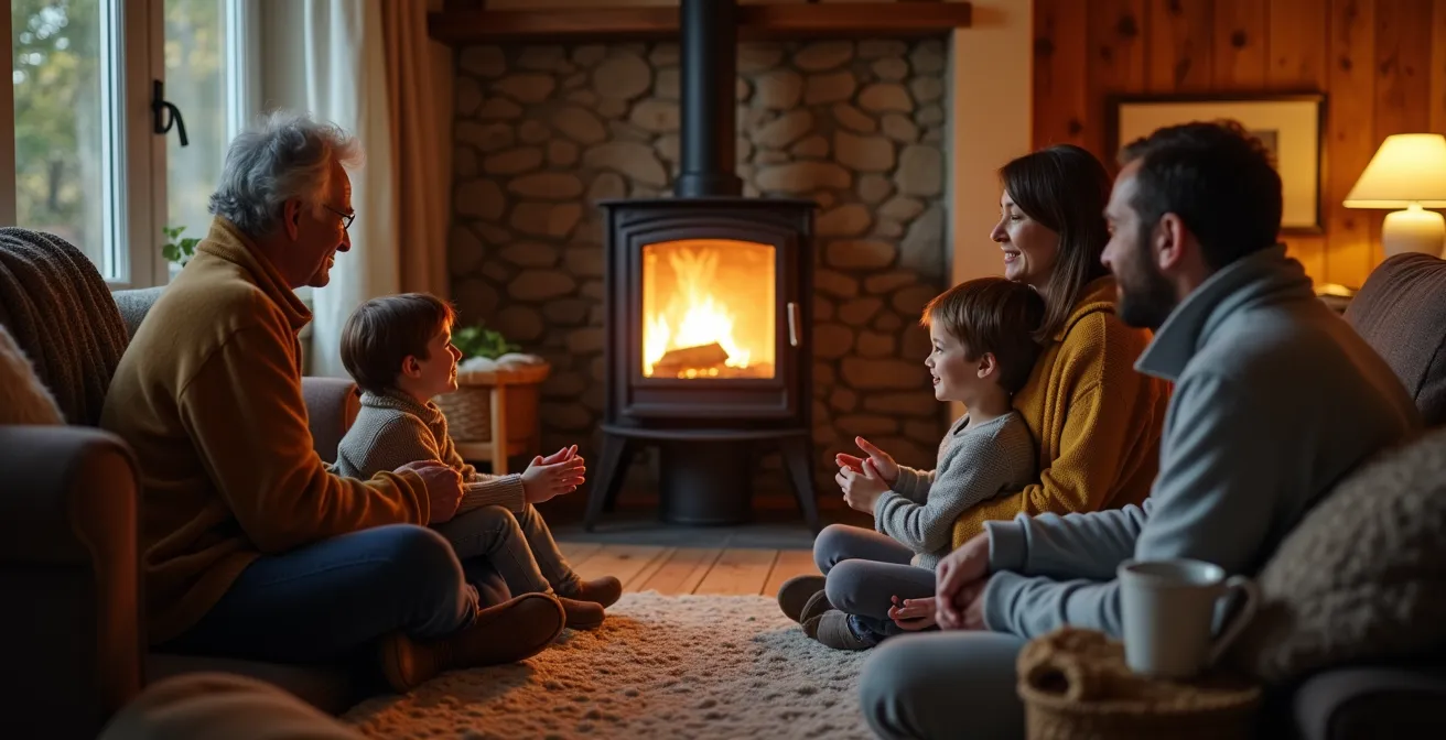 Famille multigénérationnelle réunie autour d'un poêle à bois moderne