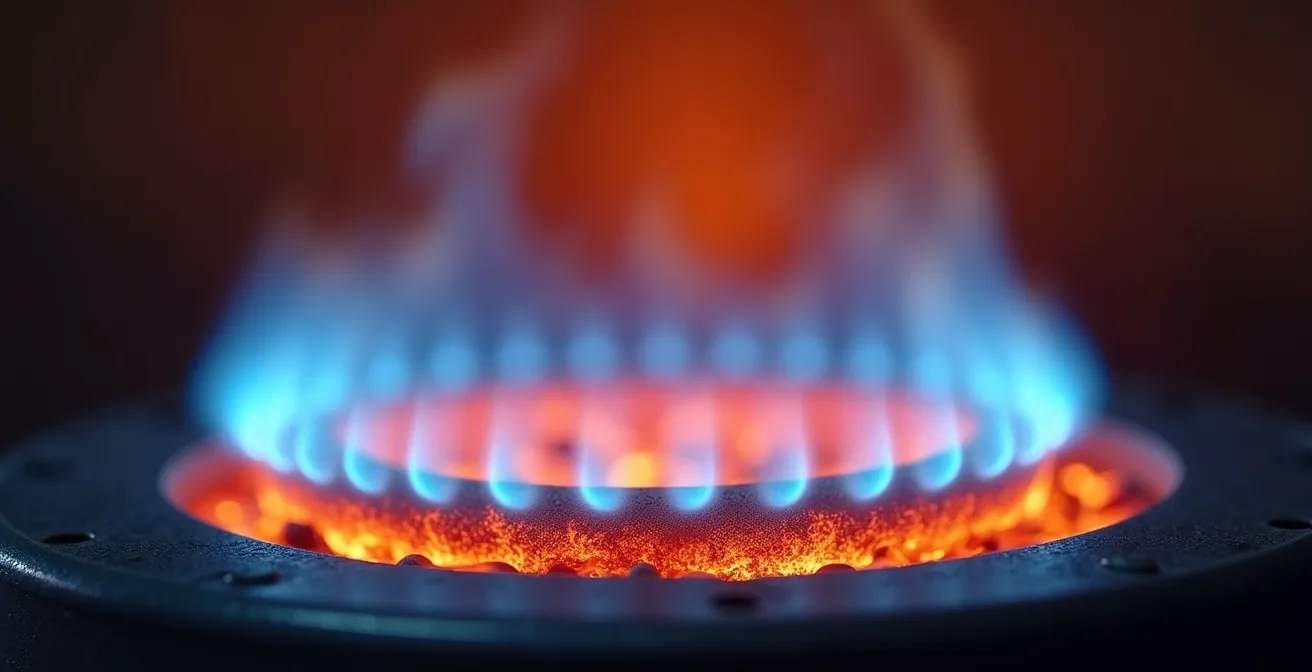 Vue macro des flammes secondaires flottantes dans la chambre de combustion d'un poêle moderne