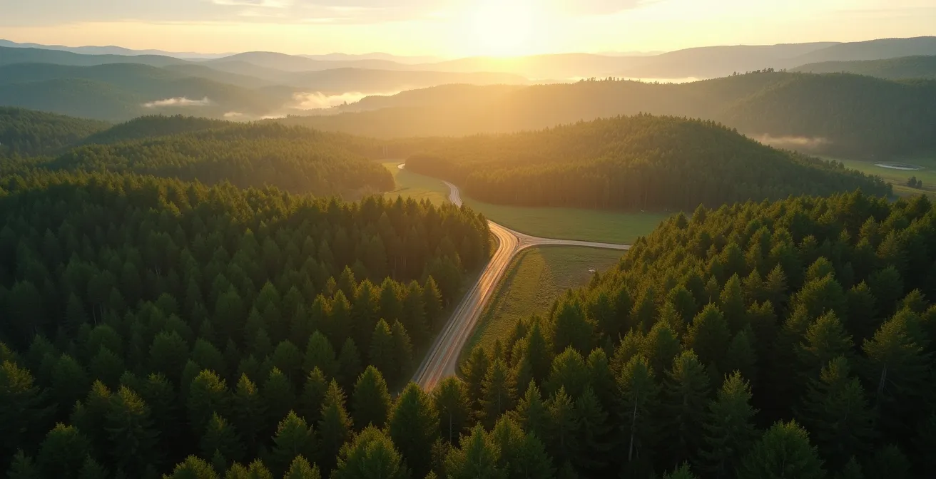 Vue aérienne d'une forêt mosaïque française montrant différentes parcelles d'âges et d'essences variés