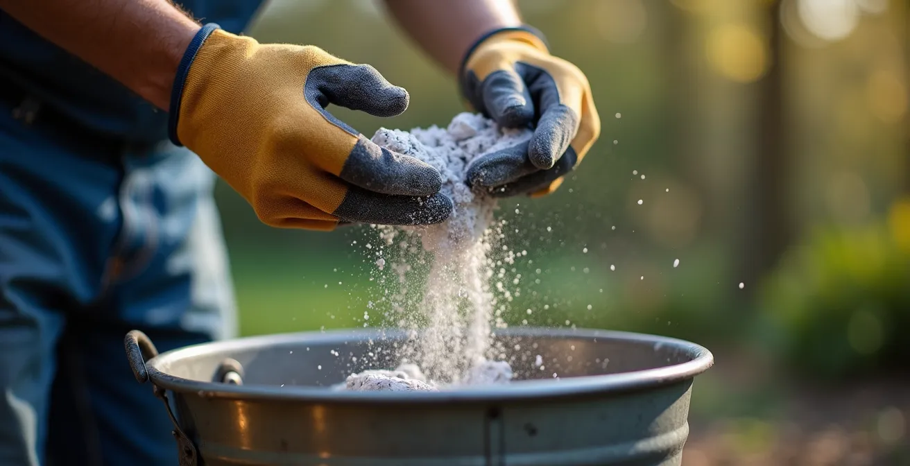 Gros plan sur des mains gantées versant des cendres refroidies dans un seau métallique