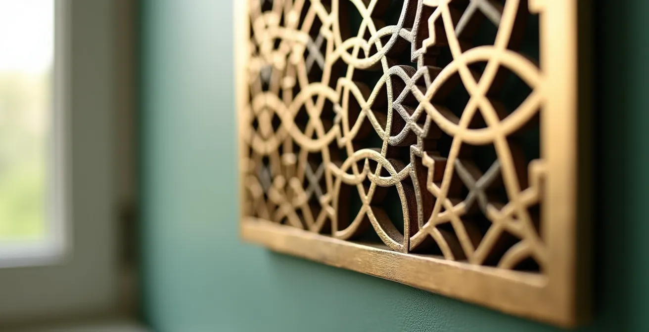 Grille de ventilation décorative en métal découpé au laser intégrée dans un mur avec motif géométrique