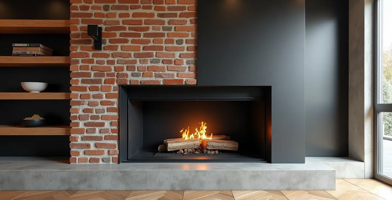 Habillage moderne de cheminée avec rangements intégrés