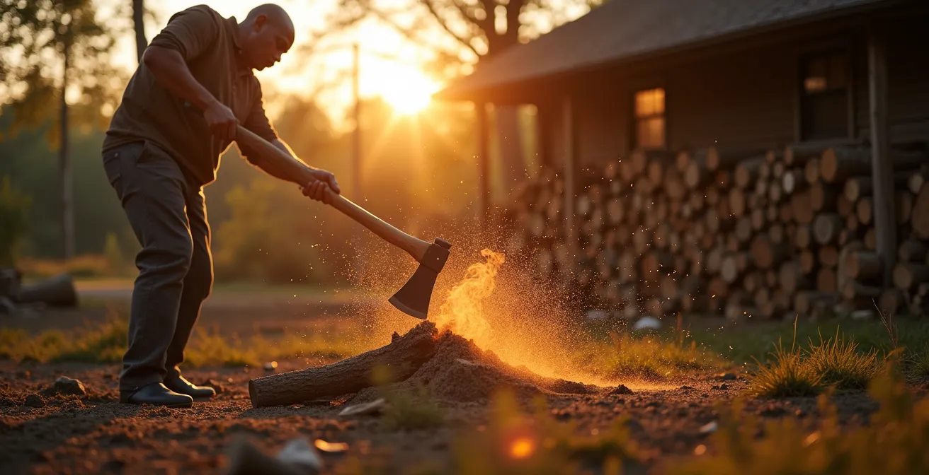 Personne fendant du bois dans son jardin, symbolisant l'autonomie énergétique