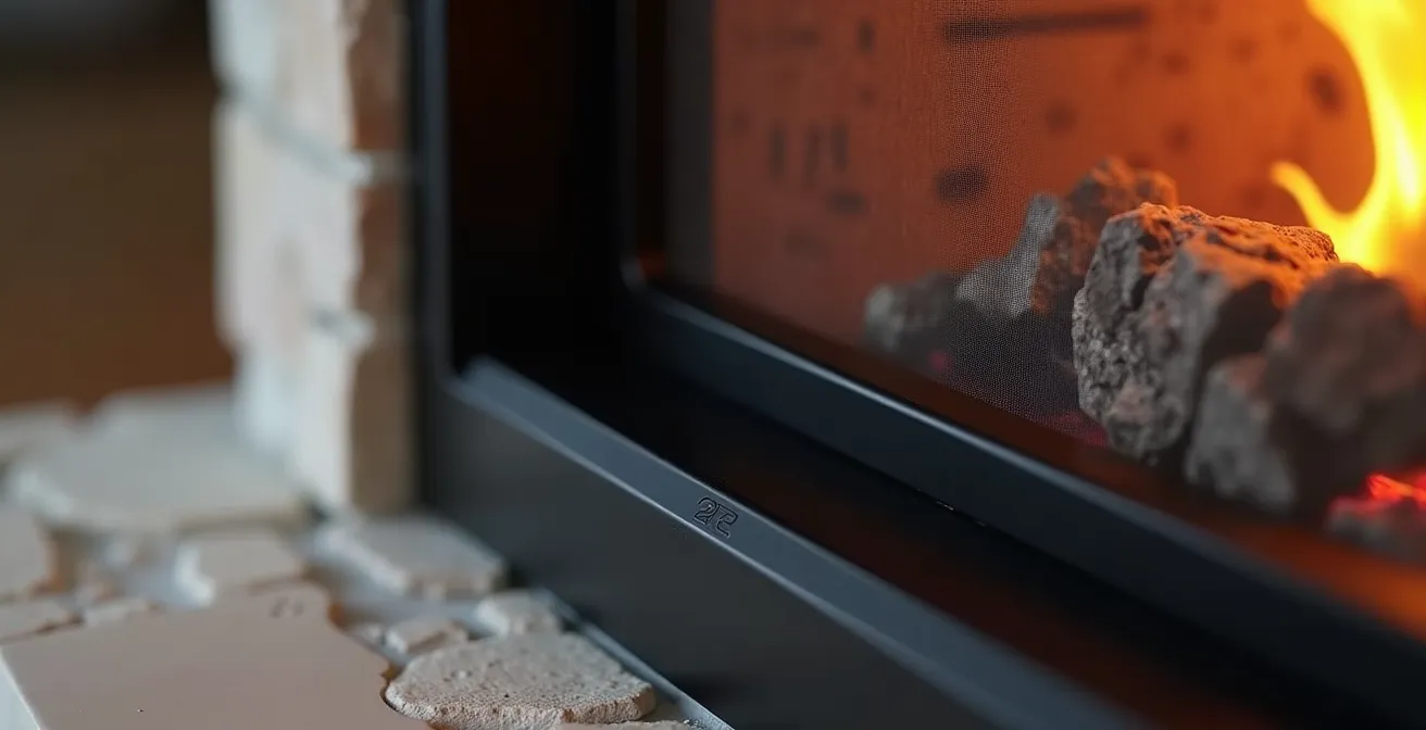 Gros plan sur un insert contemporain noir mat intégré dans une cheminée en pierre ancienne