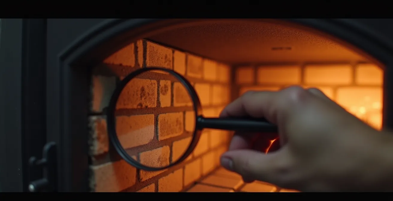 Vue rapprochée de l'intérieur d'un foyer montrant les éléments à inspecter avec une main tenant une loupe