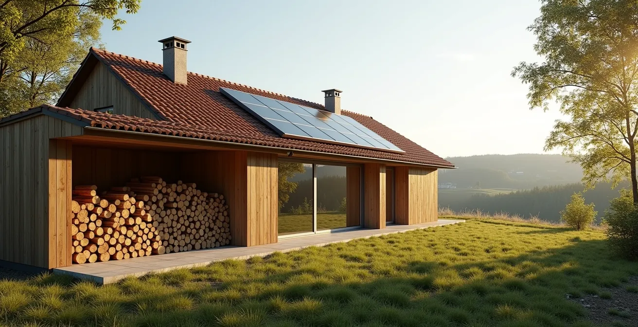 Vue d'ensemble d'une maison française équipée de panneaux solaires sur le toit et d'une réserve de bois sous abri