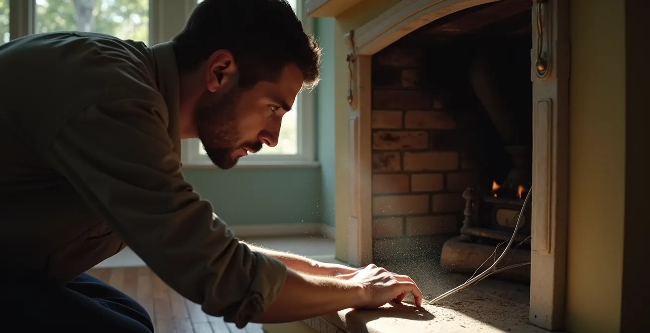 Artisan professionnel installant un tubage dans un conduit de cheminée