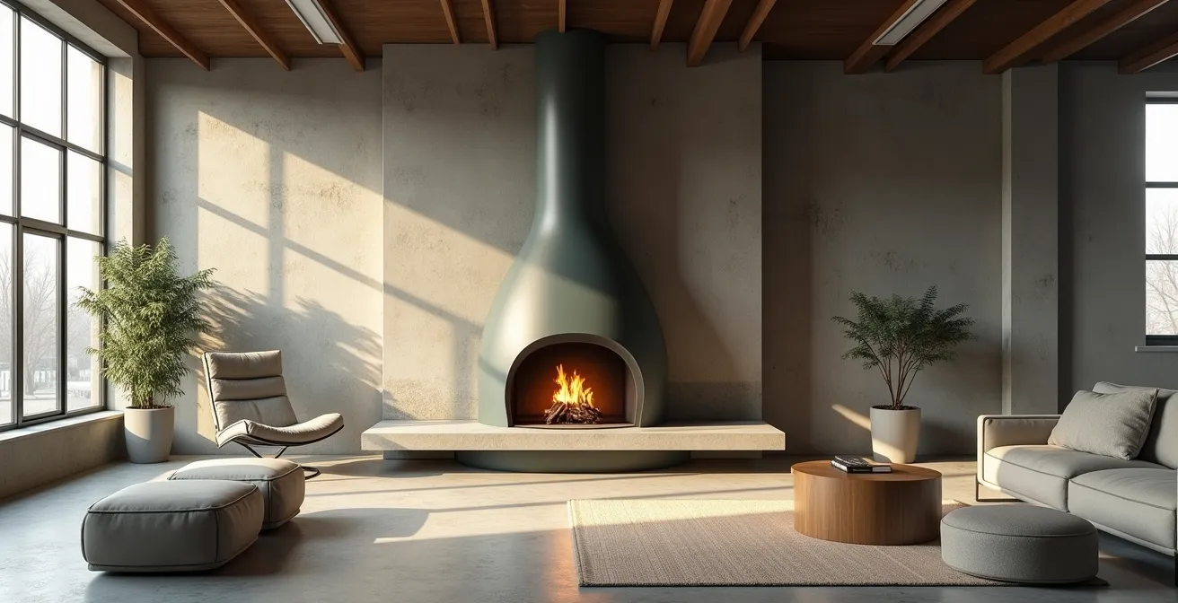 Poêle en pierre ollaire gris-vert intégré dans un loft minimaliste avec jeu de lumière naturelle