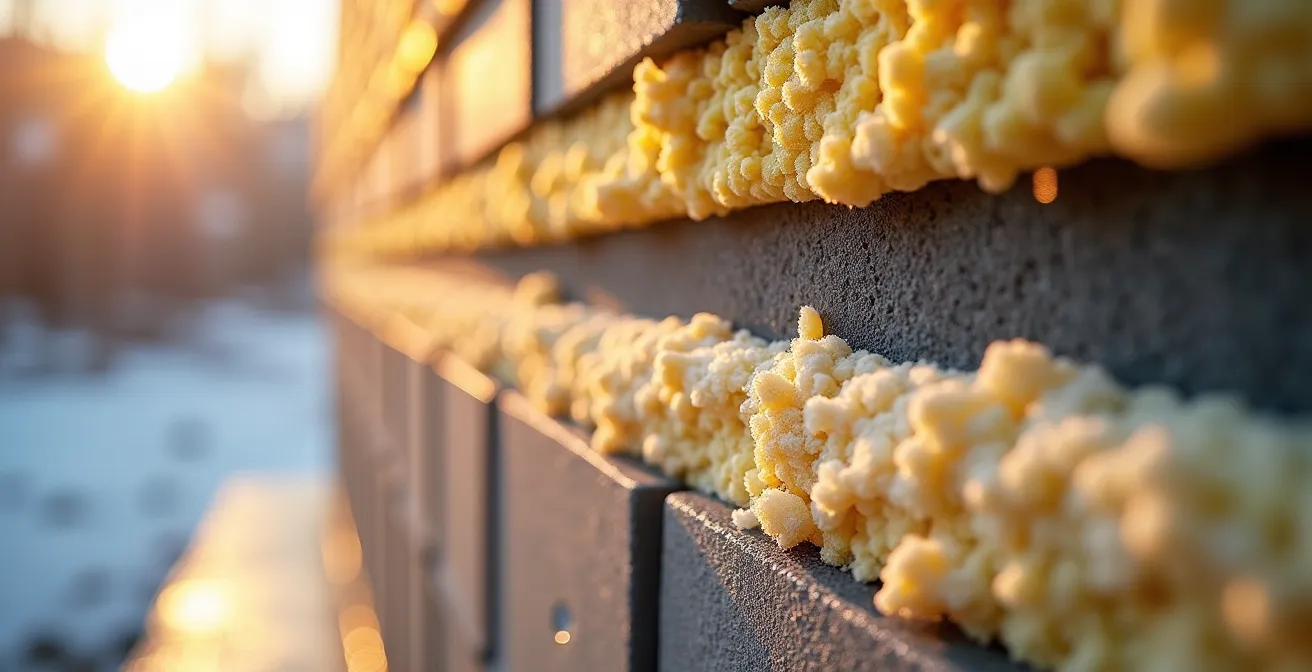 Coupe transversale d'un mur montrant les couches d'isolation et les points de fuite d'air