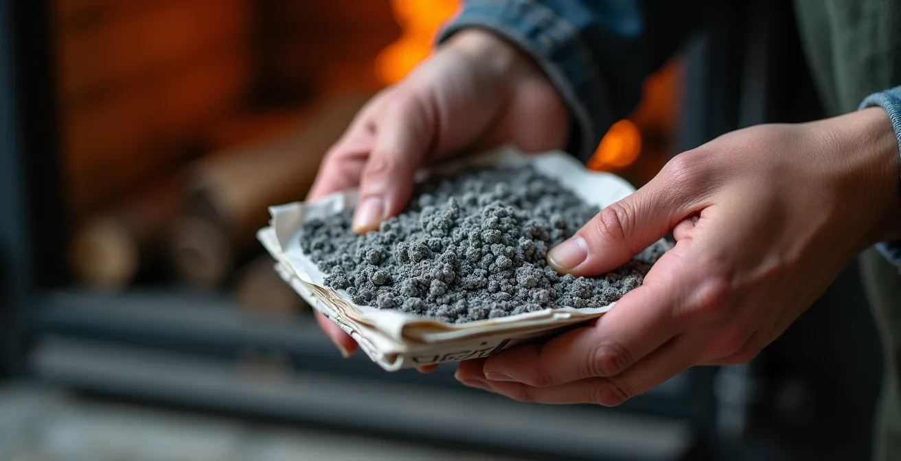 Gros plan sur des mains appliquant délicatement de la cendre sur une vitre de poêle avec du papier journal