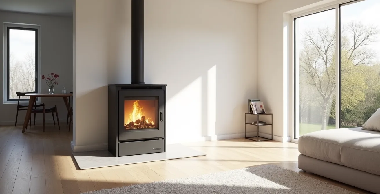 Vue d'ensemble d'un salon moderne avec poêle étanche installé, montrant l'intégration harmonieuse