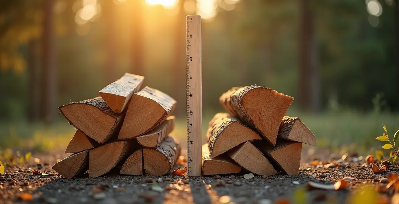 Comparaison visuelle de volumes de bûches selon leur longueur avec un mètre étalon