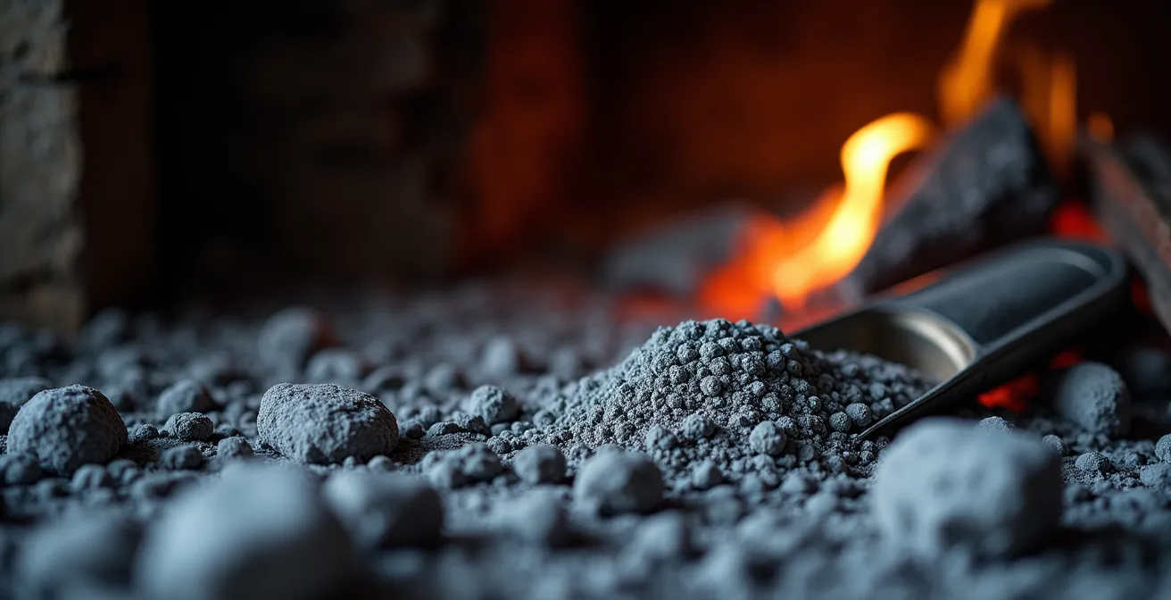 Démonstration de la technique de vidange des cendres avec pelle métallique et seau, sans création de poussière