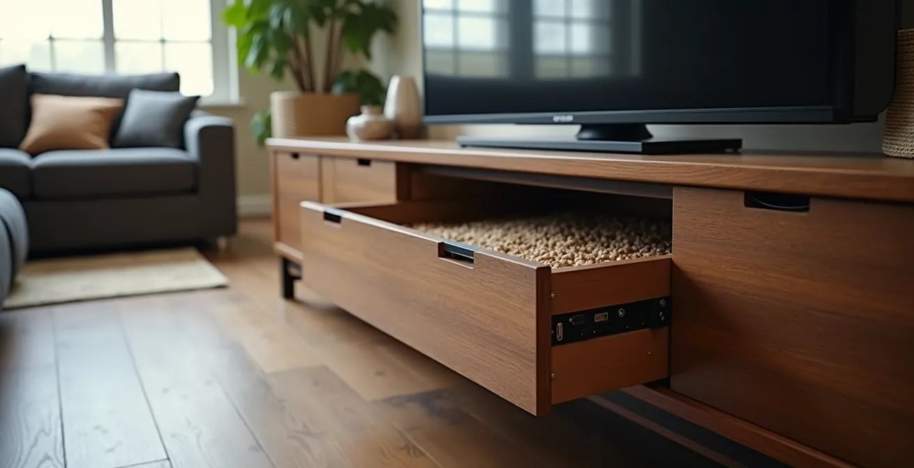 Meuble TV moderne avec système de stockage de granulés intégré et invisible