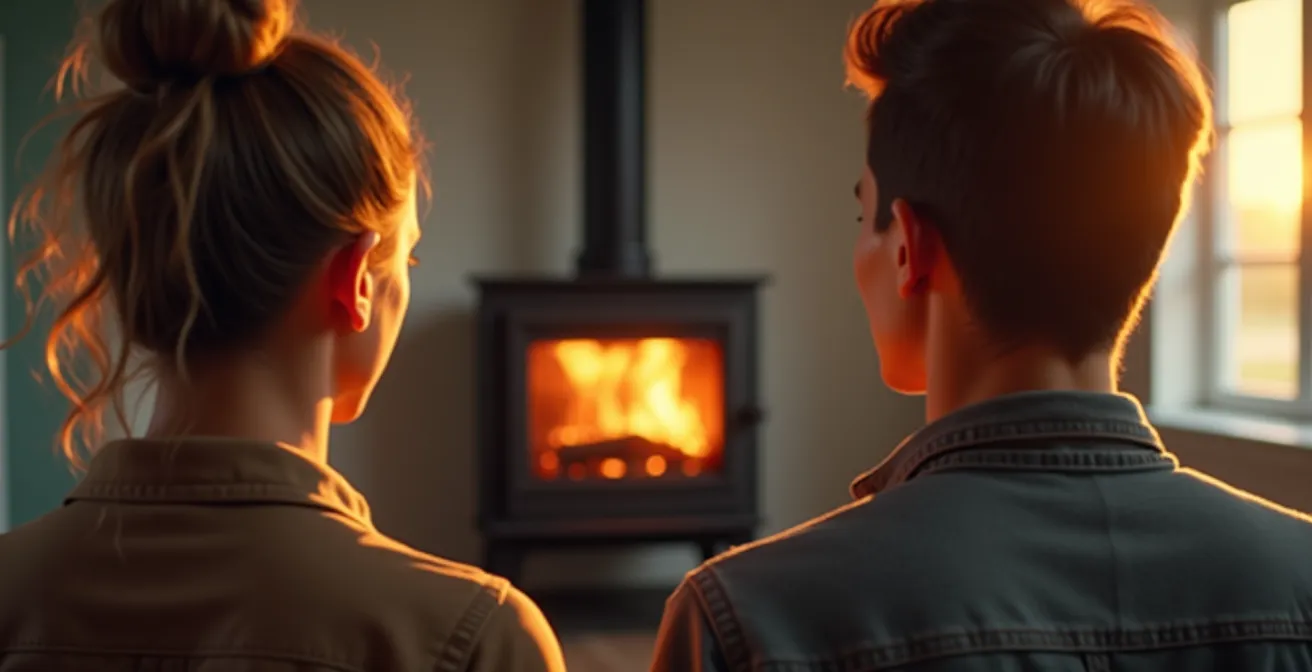 Mise en scène immobilière d'un salon avec poêle à bois design pour valorisation du bien