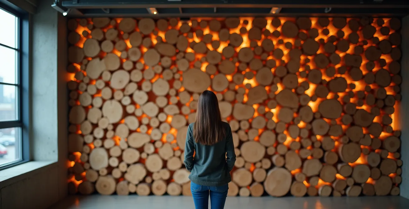 Mur de bûches artistique servant de cloison dans un loft contemporain